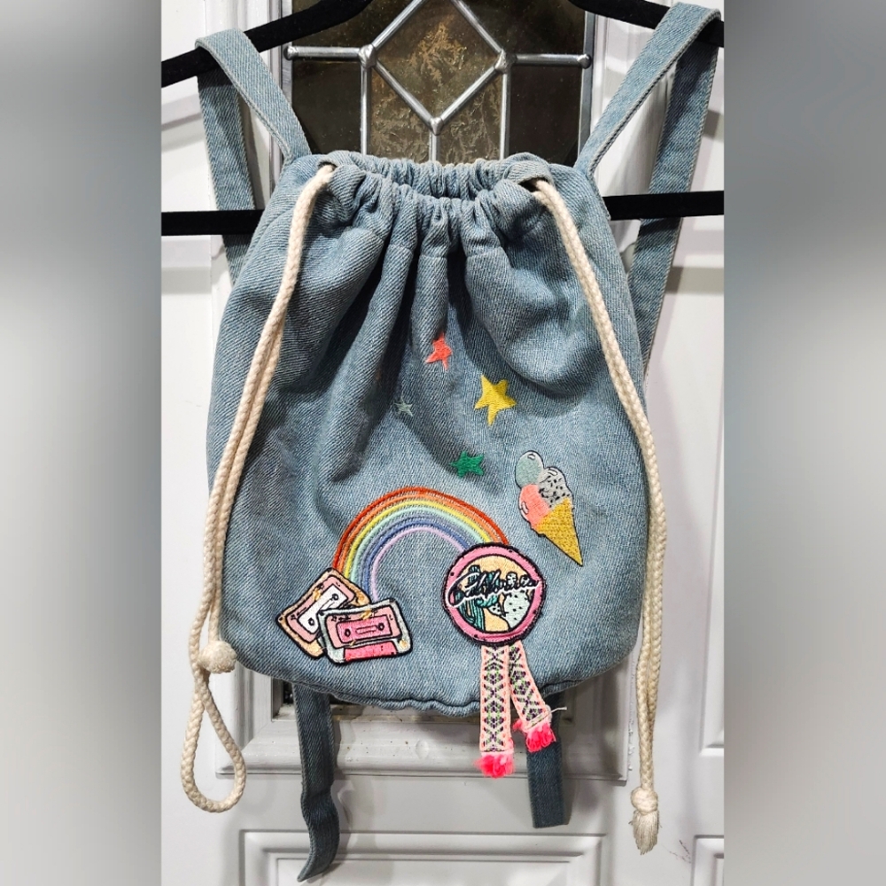 Zara Baby Embroidered Light Wash Denim Sling Drawstring Mini Backpack